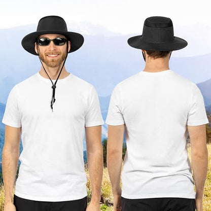 SUN CUBE Wide Brim Sun Hat for Men Women UPF 50+ UV Protection Safari Boonie Hat with Chin Strap, Pocket, Fishing Hiking Hat - color: Black