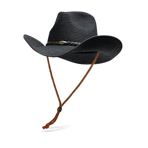 Straw Cowgirl Hat for Women Cowboy Hats for Men Wide Brim Sun Hat Shapeable Western Hat Beach Hat - color: A-black