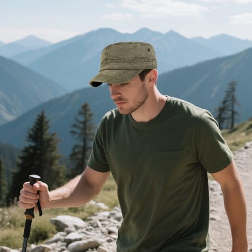 Military Cadet Army Cap for Men Women – Washed Cotton Vintage Adjustable Flat Top Hat - color: Army Green