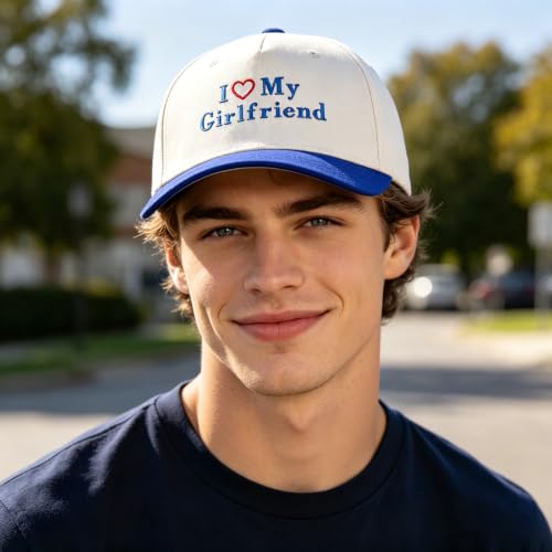 Funny Embroidered Trucker Hat, Vintage Two-Tone Cotton Baseball Cap for Men Women, Adjustable Dad Hat Gift Idea - color: I Love My Girlfriend Heart, Navy Blue/Beige