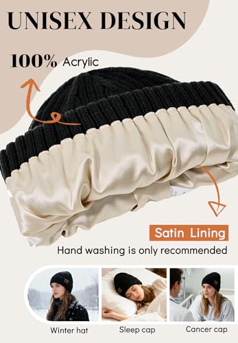Zando Satin Lined Beanie for Women & Men, Hair Care Skull Cap - color: Black