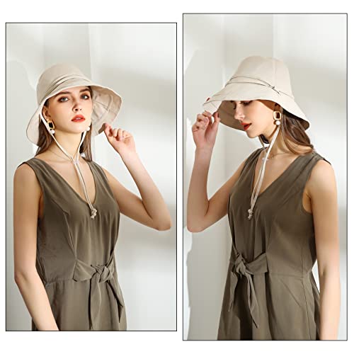 URSFUR Women Summer Sun Large Brim Hats Foldable Beach Hat Cotton UPF 50+ Sun Protection Cap - color: Beige