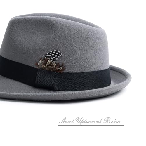 Short Brim Fedora Hat for Men Women Felt Trilby with Feather - color: Light Grey