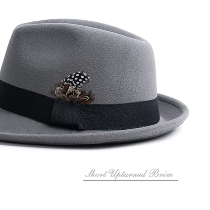 Short Brim Fedora Hat for Men Women Felt Trilby with Feather - color: Light Grey