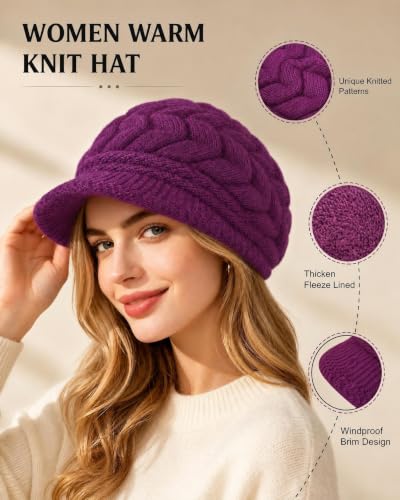 YSense 2 Pack Womens Winter Hats Warm Knit Beanie with Visor - color: Navy Blue Purple