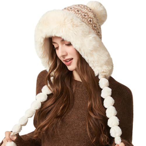 HUAMULAN Women Winter Peruvian Beanie Hat Ear Flaps Fleece Lining - color: Beige Floral