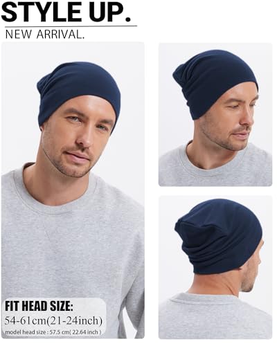 Thin 100% Cotton Fine-Knit Beanie Hat Slouchy Soft Chemo Skull Cap - color: 1-navy Blue