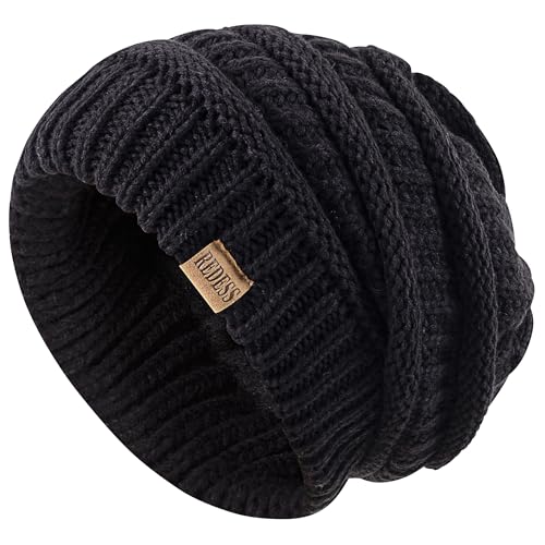 REDESS Slouchy Beanie Hat for Men and Women Winter Warm Knit Hat Chunky Soft Oversized Cable Cap - color: A9 Black