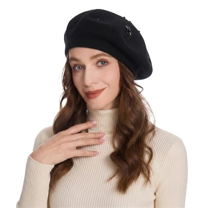 ZLYC Women French Beret Hat Reversible Knit Thickened Warm Artist Cap - color: Plain Black