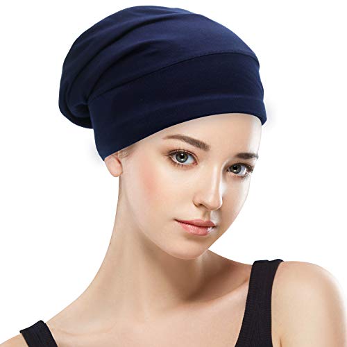 Silk Satin Lined Bonnet Sleep Cap - Adjustable Stay on All Night Hair Wrap Cover Slouchy Beanie for Curly Hair Protection for Women and Men - Solid Navy - color: Solid Navy, size: One Size