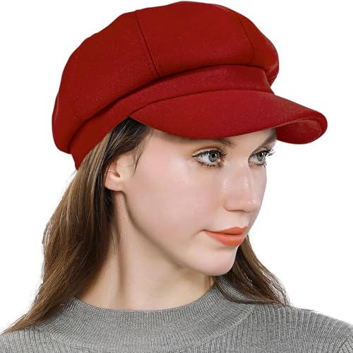 Women’s Newsboy Cap Wool Blend Retro Solid Color Girls Fashion Gatsby Cabbie Visor Beret Hat - color: Red