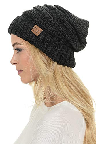 C.C Hat-100 Oversized Baggy Slouch Thick Warm Cap Hat Skully Cable Knit Beanie - color: Black/Gray Mix
