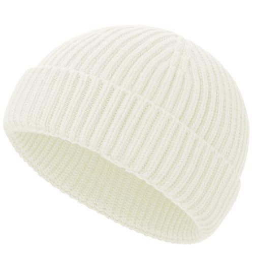 ROYBENS 100% Merino Wool Short Fisherman Beanie for Men Knit Winter Hat - color: 1pcs-white