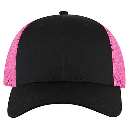 Ashen Fane 6 Panel Blend Twill Structured Low Profile Mesh Back Snapback Trucker Hat - color: Blk/Blk/N.pnk