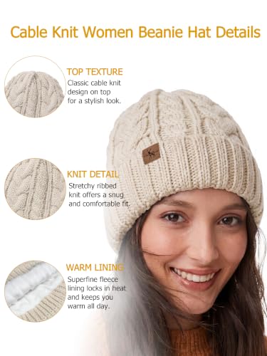 Winter Hats for Women Cable Knit Chunky Skull Cap Fleece Lined Thick Fold Cuff Beanie hat - color: Neutral Grey, style: Wheat Spike