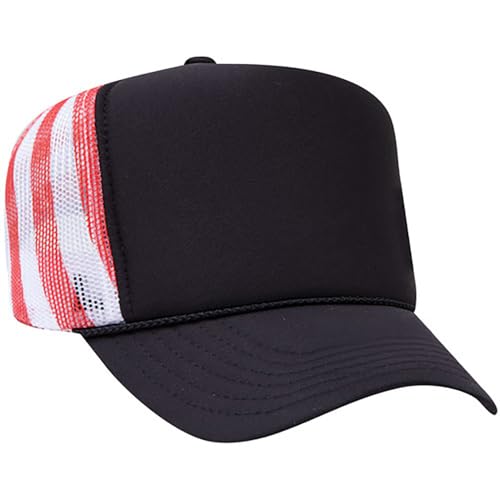 Ashen Fane Polyester Foam Front 5 Panel High Crown Mesh Back Trucker Hat - color: Black/Us Flag