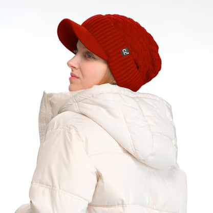 C.C Fuzzy Fleece Lined Warm Oversized Chunky Soft Stretchy Oversized Two Way Ribbed Slouchy Knit Hat with Visor Brim - color: Dark Red