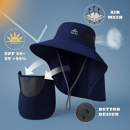 Sun Hat for Men & Women, Breathable Wide Brim Outdoor Fishing Hat with Face Cover & Neck Flap - color: Dark Blue
