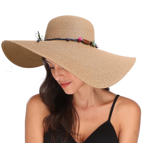 Lanzom Womens Wide Brim Straw Hat Big Floppy Foldable Roll up Cap Beach Sun Hat UPF 50+ - color: Rainbow Bead-khaki