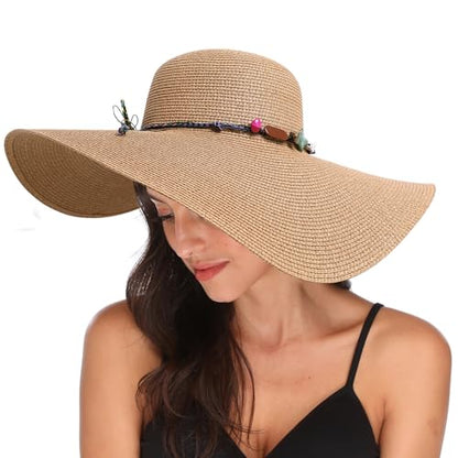 Lanzom Womens Wide Brim Straw Hat Big Floppy Foldable Roll up Cap Beach Sun Hat UPF 50+ - color: Rainbow Bead-khaki