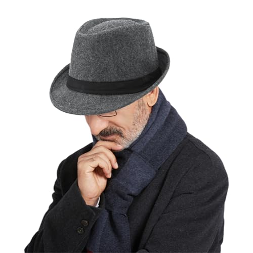Men Warm Fedoras Felt Trilby Hat Vintage Panama with Short Brim Winter Bowler Outdoor British Jazz Costume Headwear - color: Gray