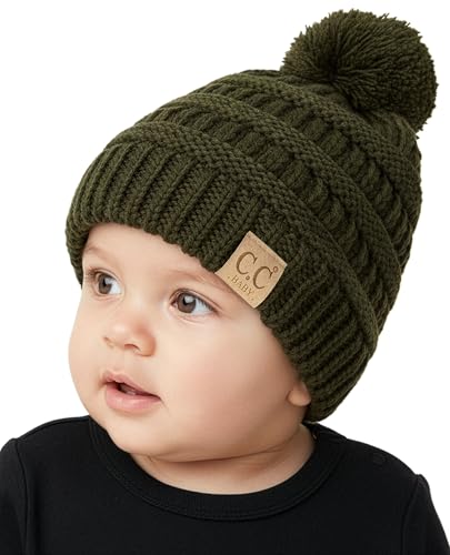 Funky Junque Baby Pom Pom Beanie – Soft Knit Infant Winter Hat for Baby Girls & Boys, Cozy Warm Newborn Beanie 0–12 Months - color: Dark Olive