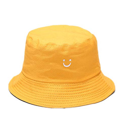 Unisex Cotton Packable Bucket Hat Sun Hat Beach Cap for Men Women - color: Smile Face Yellow/Black
