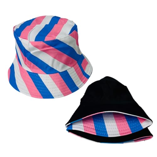 Pride Unisex Bucket Hat Reversible Double-Side-Wear Packable for Travel, Outdoors, and Beach - color: Pink/Blue/White Stripes