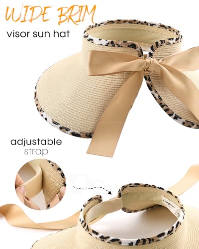 Camptrace Women's Straw Sun Visor Hat UPF Wide Shade Ponytail Summer Hat - color: Beige Leopard Print