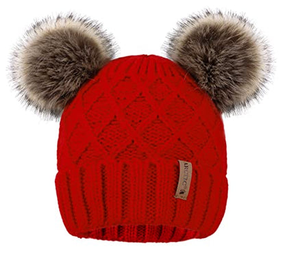 Arctic Paw Womens Winter Hat Cable Knit Beanie for Women Faux Fur Pompom Ears - color: Red_grid