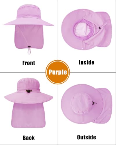 Outdoor Sun Hats with Stowable Neck Flap for Men Women UPF 50+ Mesh Summer Bucket Hat Wide Brim for Fishing Safari Hiking - color: Purple
