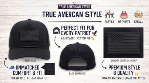 USA American Flag Golf Hat, Performance Rope Cap, Patriotic USA Hat – Adjustable, Breathable - color: All Black