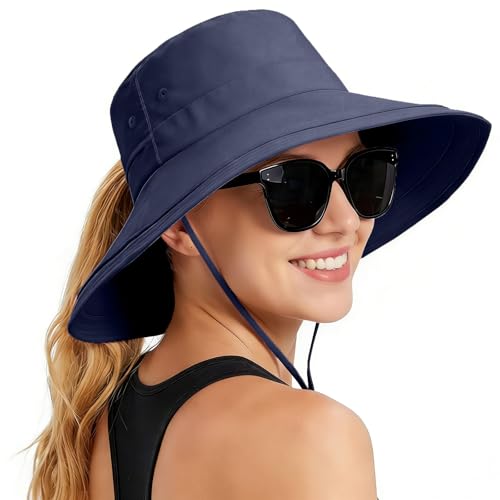 Rosoz Women Sun Hat with Ponytail Hole Wide Brim Bucket Hats UPF 50+ Beach Hiking Gardening Hat Water-Resistant Outdoot Hat - color: Navy Blue