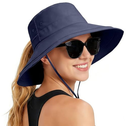 Rosoz Women Sun Hat with Ponytail Hole Wide Brim Bucket Hats UPF 50+ Beach Hiking Gardening Hat Water-Resistant Outdoot Hat - color: Navy Blue