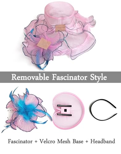Women Derby Fascinator Hat Organza Church Wedding Hats Wide Brim Cocktail Tea Party Hat - color: 36pink Blue
