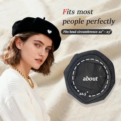 Women's Chenille Beret - Soft & Warm French Hat with Metal Heart Accent for Fall/Winter. - color: Black