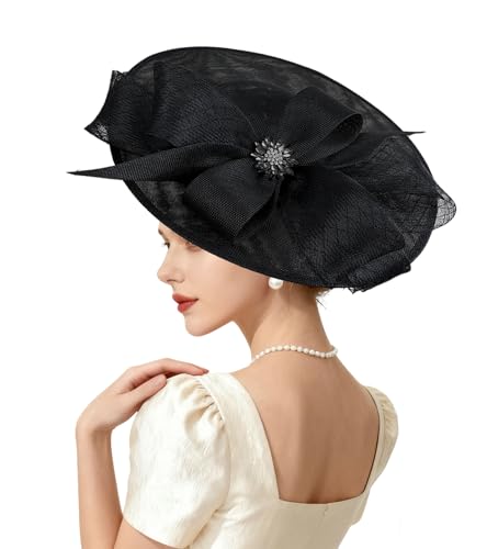 Kgromfy Women's Wide Brim Fascinator Hat Tea Party Headband Large Vintage Church Hat Lady Headwear for Derby Wedding Cocktail - color: Black