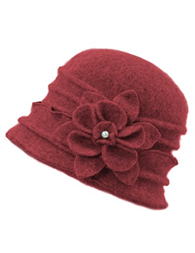 Dahlia Women's Winter Hat - Wool Cloche/Bucket Hat, Slouch, Flower - color: Ruffle Bucket Hat: Red