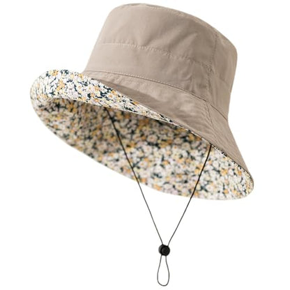 Lightweight Soft Women's Sun Hat, Floral Print UPF50+ UV Protection Bucket Hat, Foldable Portable, for Beach Vacation - color: Khaki