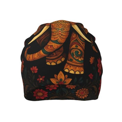 Slouchy Beanies Skull Caps for Women Men, Cool Running Hat Soft Night Caps for Sleeping Chemo Headwear - color: Black Golden Floral Elephant
