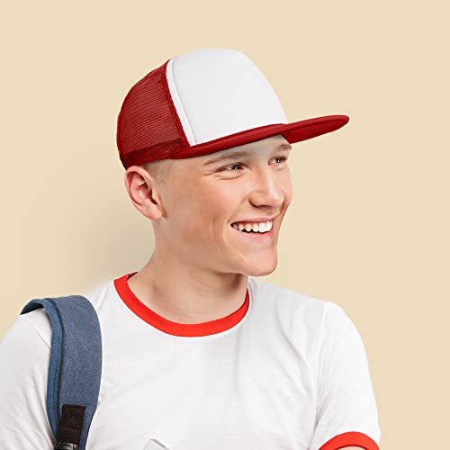 DALIX Flat Billed Trucker Hat Mesh Back S M L Adjustable Cap Solid Two Toned Snapback - color: Red-white, size: One Size