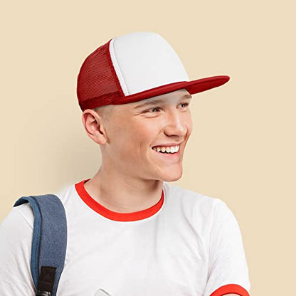 DALIX Flat Billed Trucker Hat Mesh Back S M L Adjustable Cap Solid Two Toned Snapback - color: Red-white, size: One Size