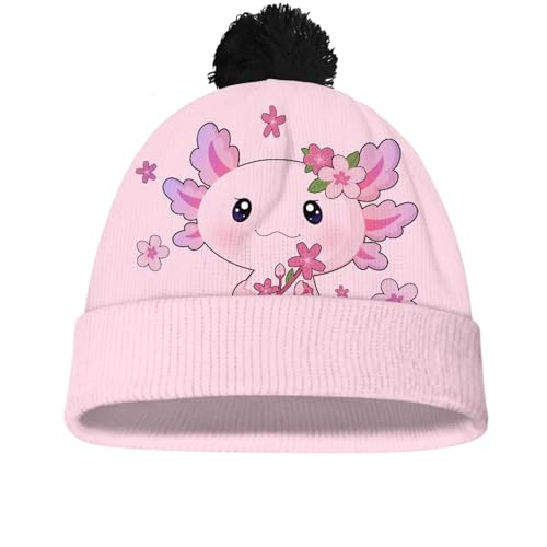 Girls Boys Winter Warm Knit Beanie Pompom Elasticity Slouchy Hat Skull Caps for Childrens - color: Cute Axolotl and Cherry Blossom
