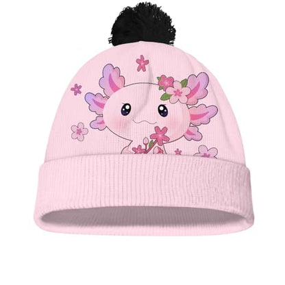 Girls Boys Winter Warm Knit Beanie Pompom Elasticity Slouchy Hat Skull Caps for Childrens - color: Cute Axolotl and Cherry Blossom
