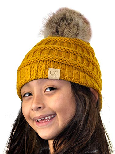 C.C Children's Kids' Soft Stretch Cable Knit Faux Fur Pom Beanie Hat - color: Mustard