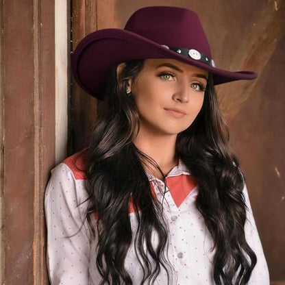 DRESHOW Women Men Classic Felt Wide Brim Western Cowboy & Cowgirl Cap Belt Buckle Retro Panama Hat Unisex Rolled up Caps - color: 1 Pack Style 1: Burgundy (Hat Circumference: 22-22.8")