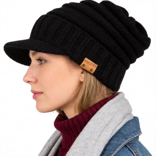 Ruphedy Mens Beanie with Brim Winter Hat Knitted Thick Fleece Visor Beanie - color: B320-black