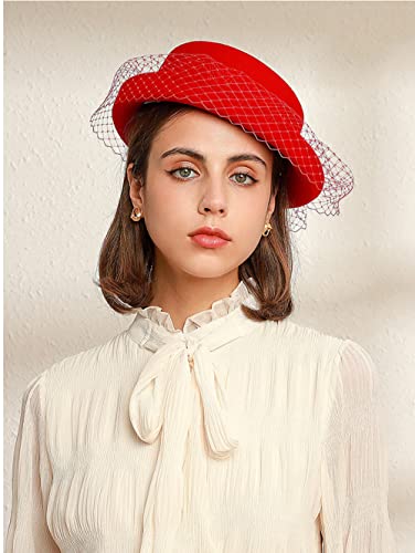 ORIDOOR Women's British Style Pillbox Church Derby Wedding Winter Vintage Fascinator Beret 100% Wool Felt Veil Hat - color: 015-red