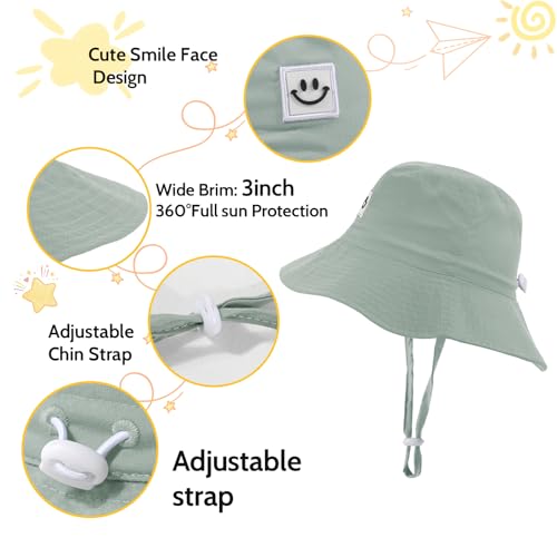 Kids Sun Hat Smile Face Bucket Hat Toddler Hat Wide Brim Adjustable Strap - color: Pea Green, size: 3-8T