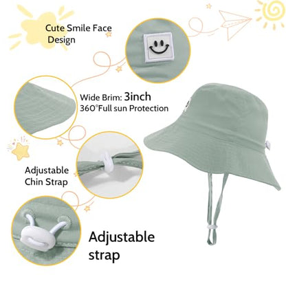 Kids Sun Hat Smile Face Bucket Hat Toddler Hat Wide Brim Adjustable Strap - color: Pea Green, size: 3-8T